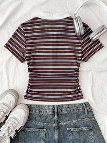 SHEIN 青少年女孩休閒學院風彩色條紋 Polo 領抽褶腰短袖 T 恤 - 彩色 - 查看 2