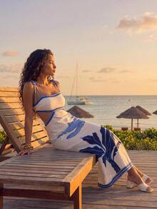 CAJUNI Vacation Casual Coconut Tree Print Tie Back Open Back Spaghetti Strap Dress - Blue and White - View 4