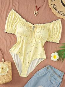 Sweetra CURVE Body de vacaciones talla grande con pedrería en el cuello, acanalado, nudo delantero, hombros descubiertos y manga corta - Amarillo - Ver 5