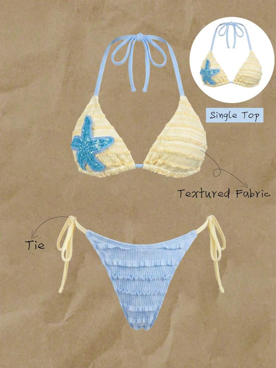 Elavelle Sweet Yellow Ruffle Bikini Top With Shiny Starfish Applique, Halter Neck Swimwear, Suitable For Pool Party - Yellow - View 1