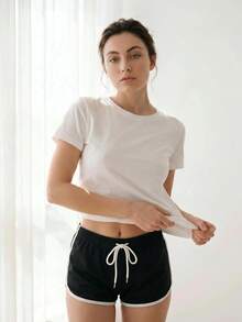 Liftille 2pcs Women Casual Sports Contrast Binding Lounge Bottom Sleep Shorts Set - Multicolor - View 4