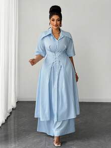 Maweii Conjunto de 2 piezas para mujer talla grande con rayas finas azul & blanco (camisa larga + pantalones de pierna ancha), estilo casual para ir al trabajo, cuello de solapa, fruncido con cordón, cierre elegante de botones de una sola - Azul y blanco - Ver 5