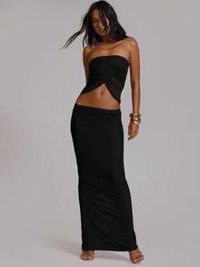 MUSERA Conjunto de Top Bandeau Fruncido de Malla con Falda Maxi de Cintura Baja, Estilo Sexy Casual Elegante para Verano, Vacaciones, Playa, Club, Festival e Ibiza, Color Obsidiana - Negro - Ver 5