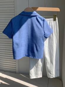 SHEIN 兒童小男孩/小女孩，小男孩 2 件組 春/夏休閒度假風短袖襯衫與長褲套裝，小男孩夏季服飾，穿搭，Squishy - 藍色 - 查看 3