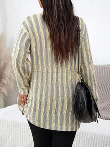 SHEIN LUNE 大尺碼女款條紋長袖單排扣休閒針織開襟外套 - 彩色 - 查看 4