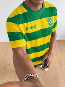 Manfinity Gritte Field Men's Minimalist Brazil Flag Color-Blocking T-Shirt, Suitable For Summer, Outdoor, World Cup Watching, Husband/Boyfriend Gift - Yellow - View 2