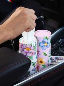 Spring Floral Round Car Tissue Box, Cylindrical Tissue Canister Fits Vehicle Cup Holder, Portable Travel Facial Tissue Storage Container For Car Office Bathroom Kitchen Wedding Birthday Holiday Party Home Decor - Multicolor - View 1
