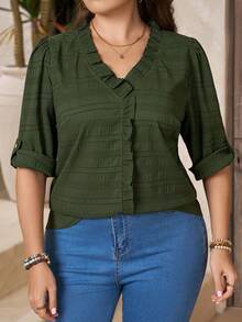 Linhara CURVE Women's Plus Size Casual V-Neck Top, Summer Outing Blouse - Army Green - View 7
