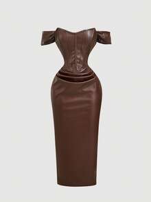 Skyraze Women's Brown PU Off-Shoulder Bodycon Dress - Brown - View 4