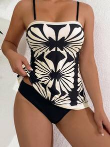 SHEIN Swim 女款高彈力綠色花卉印花比基尼兩件套，清新綠色定位印花抹胸背心上衣，純色三角基本款泳褲下裝，春夏度假海灘派對優雅比基尼套裝 - 黑色 - 查看 3