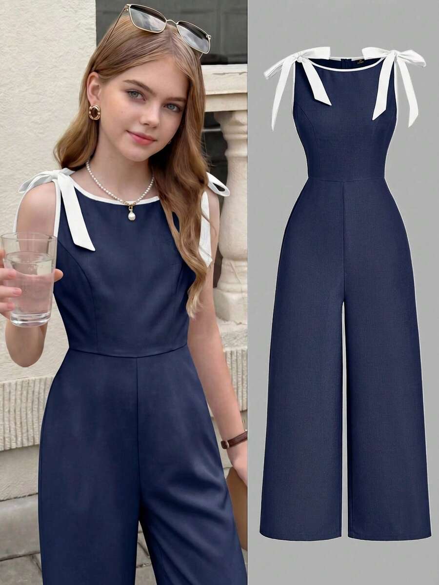 SHEIN Girlism Teen Girl Jumpsuit And Romper, Round Neck Sleeveless Navy Blue Jumpsuit, Contrast Trim, Bow Decor, Waist-Cinching Design, A-Line Skirt Hem - Vintage Court Style, Exuding Old Money Vibe, Suitable For Work, Back To School, Party, Holiday And Birthday Occasions. - Navy Blue - View 1