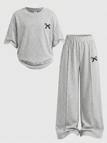 SHEIN Young Girl Bow Print Round Neck Short Sleeve T-Shirt And Pants Casual Set - Grey - View 4