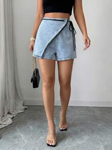 SHEIN Clasi Women's Fashion Versatile Colorblock Tie-Up Asymmetrical Hem Denim Shorts Going Out Vacation Light Blue Summer Casual Streetwear - Blue - View 5