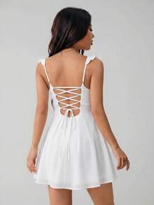 SHEIN PETITE White Chiffon Backless Tied Mini Dress, Lightweight Tight Fit Solid White Dress For Women, Spring/Summer ,Petite Women - White - View 2