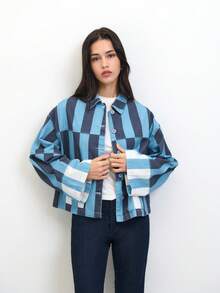 Nöista Women's Striped Cropped Jacket In Warm Pink And Rust Tones With Contrast Patch Pockets And Relaxed Fit. Lightweight Cotton Fabric With Button-Front Closure And Modern Boxy Silhouette-Perfect For Spring Layering, Casual Chic Outfits, Everyday Wear, Summer Styling, And Transitional Seasons. - Blue - View 1
