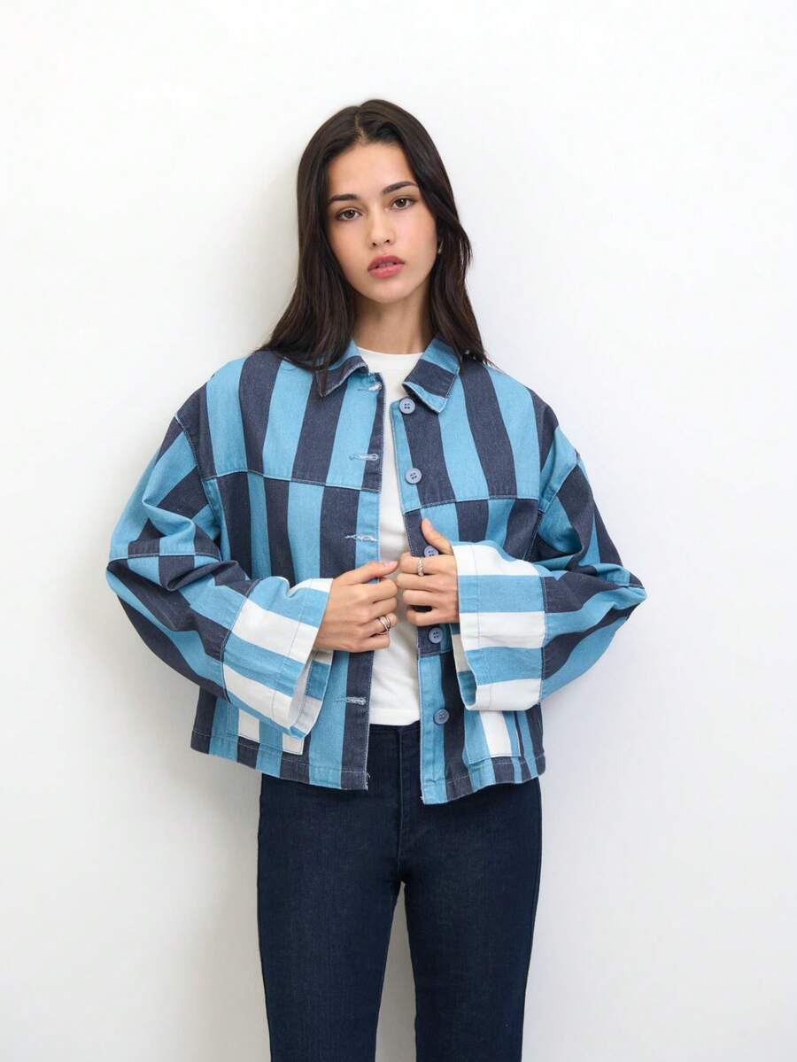 Nöista Women's Striped Cropped Jacket In Warm Pink And Rust Tones With Contrast Patch Pockets And Relaxed Fit. Lightweight Cotton Fabric With Button-Front Closure And Modern Boxy Silhouette-Perfect For Spring Layering, Casual Chic Outfits, Everyday Wear, Summer Styling, And Transitional Seasons. - Blue - View 1