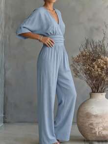 SHEIN Tall Solid Color Batwing Sleeve Cinched Waist Jumpsuit - Blue - View 3