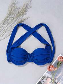 SHEIN Swim Top de bikini de mujer para playa de verano, color liso, con fruncido y aros - azul real - Ver 3