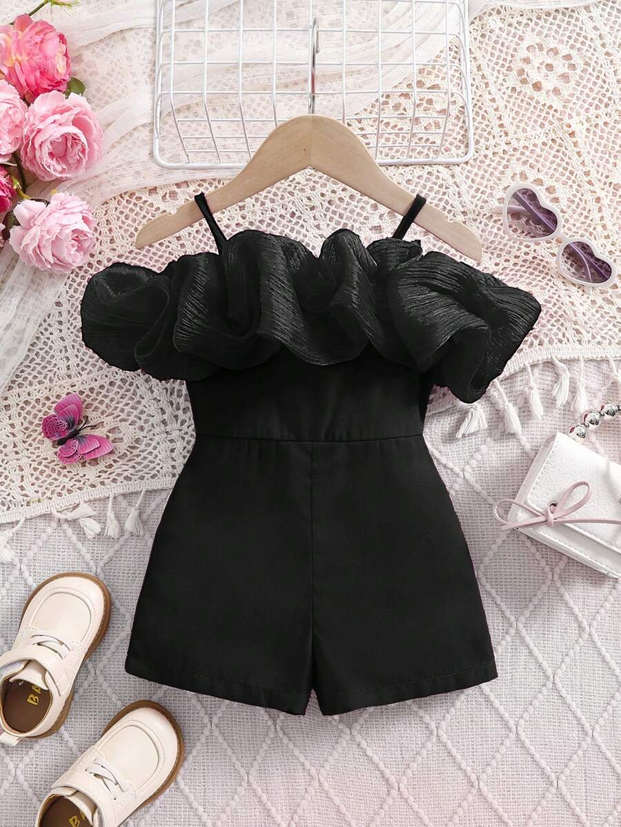 SHEIN 女嬰可愛夏季細肩帶露肩連身褲 - 黑色 - 查看 1