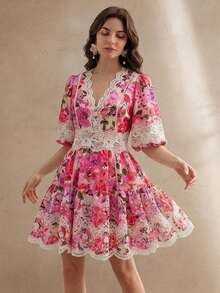 Anewsta Summer Floral Print Lace Trim Waist Cinched A-Line Elegant Ladies Short Dress - Pink - View 6