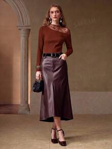 MOTF PREMIUM LACE MESH PATCHWORK RIBBED KNIT T-SHIRT - Brown - View 4