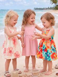 SHEIN Playful Pals 女嬰夏季2025新款無袖吊帶洋裝套裝，滿版碎花印花與素色洋裝，田園風，多巴胺配色，時尚可愛3件/組 - 彩色 - 查看 3