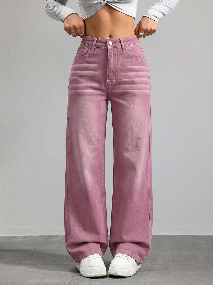 SHEIN ICON 女款寬鬆寬腿休閒牛仔褲,附口袋 - 紅木色 - 查看 1