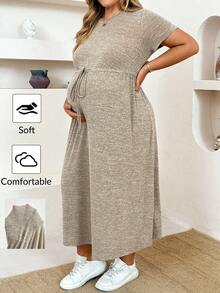 Plussiva Plus Size Maternity Round Neck Short Sleeve Waist Tie Casual Dress Photoshoot Summer - Grey - View 2