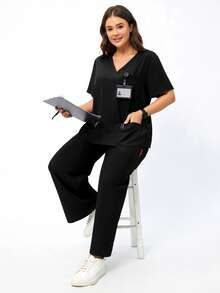 TaskEZ Women's Plus Size Surgical Gown Top And Pants Loose Two Pieces Set - Black - View 3