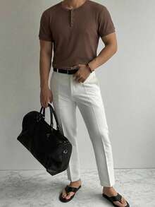 DAZY Men's Brown Solid Color Round Neck Half-Button Front Summer T-Shirt - Brown - View 3