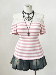 Sunspun Punk Style Off-Shoulder Straight Neck Striped Lace Trim Patchwork Short Sleeve Plus Size T-Shirt Top – Gothic Y2K Ribbed T-Shirt - Pink - View 6