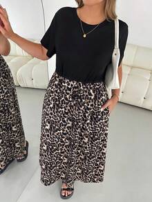 SHEIN Essnce 大尺碼女款春夏時尚休閒彈性舒適日常基礎百搭修身黑色拼接豹紋收腰中長洋裝，附口袋，極簡風格，戶外穿著 - 黑色 - 查看 5