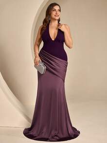 Coutiva Vestido de Noche Formal de Talla Grande con Bloques de Color, Patchwork, Espalda Descubierta, Cuello Halter y Corte de Sirena - Rojo violeta - Ver 1