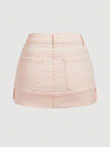SHEIN MOD Women's Pocketed Rolled Hem Casual Versatile Denim Skirt - Baby Pink - View 2