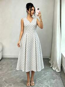 SHEIN Raffinéa 女士夏季经典复古优雅温柔约会装扮黑白波点印花无袖高腰显瘦中长连衣裙 - 黑與白 - 查看 4