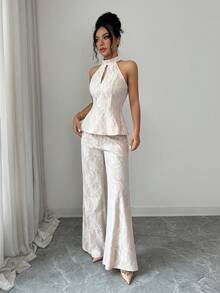 Elenzga Setelan Gaun Pengantin Musim Panas Gaya Dewasa Model Halter Neck Berongga dengan Renda dan Pinggang Ramping, Celana Lebar - MultiWarna - View 7