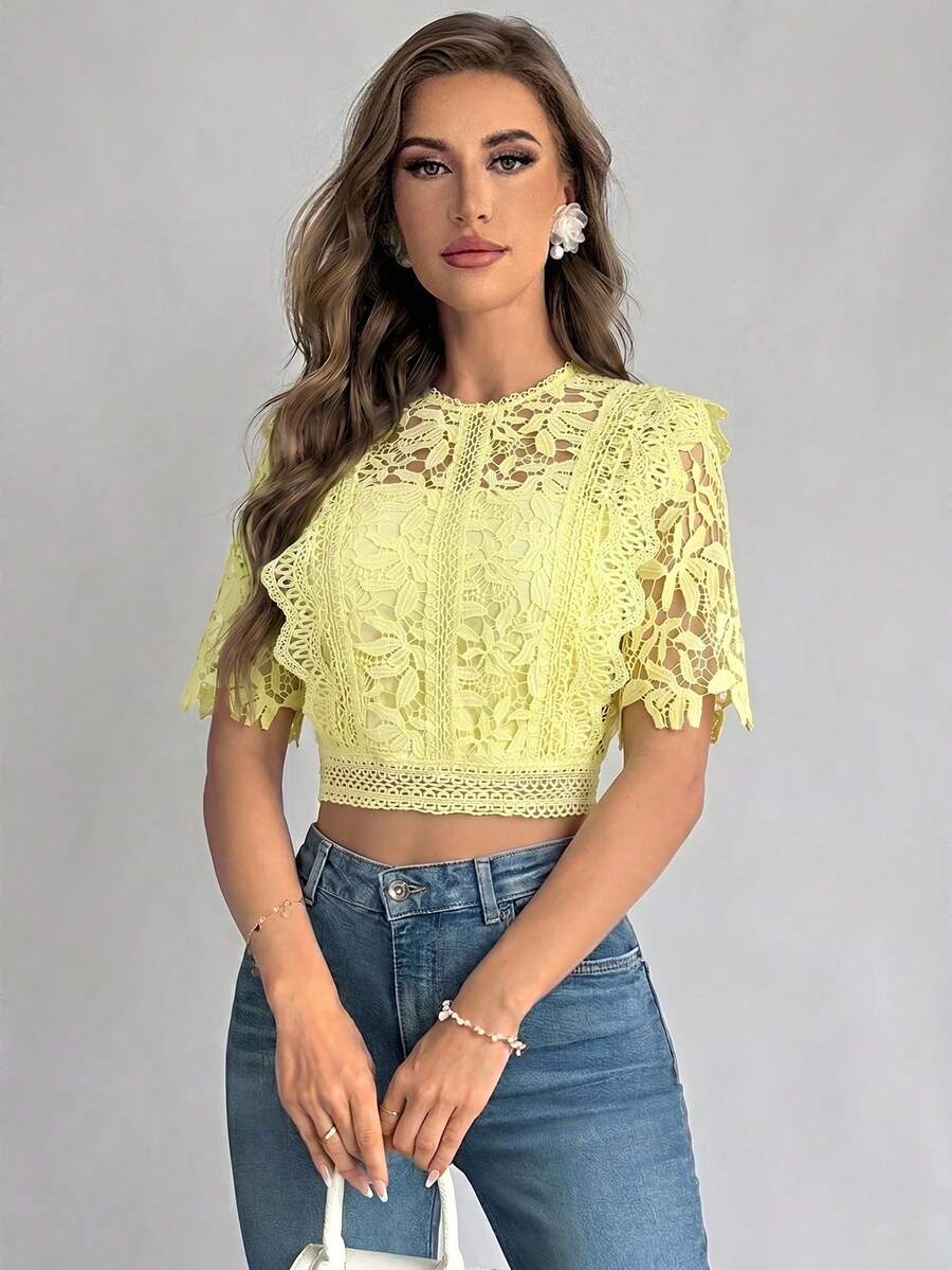 Firerie Women's Lace Casual Sheer Short Sleeve Blouse For Daily Wear,Summer Top - Yellow - View 1