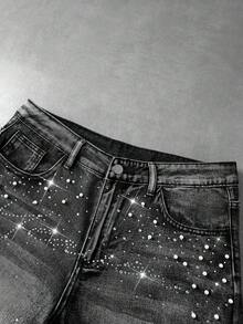 ROMWE MEN Street Life Men's Beaded Rhinestone Decorated Denim Shorts - Black - View 3