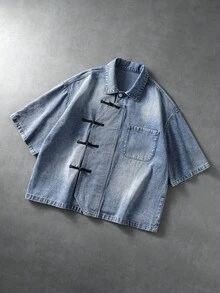 ROMWE MEN Street Life Casual Chinese Style Men's Versatile Denim Top - Blue - View 3