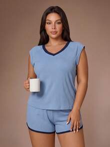Lazeform Einfarbiges Kontrast-V-Ausschnitt Kurzarm-Shorts Große Größen Pyjama-Set - Blau - Übersicht 3