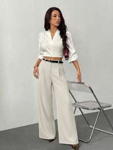 SHEIN PETITE Women's Black Solid Color Wide Leg Pants With Belt, Casual Wide Leg Trousers Suitable For Petite - Apricot - View 5