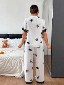 Napfluff CURVE Napfluff CURVE Plus Size Women's Eyelash Lace Trim Print Open Front Pajama 2-Piece Set - White - View 2