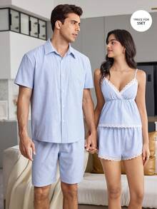 CoupledUp Cute Solid Color Casual Woven Striped Square Neck Short Sleeve Button-Up Shorts Men's Loungewear Set - Blue - View 8
