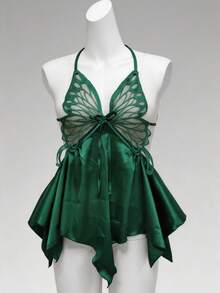 SilkySpell Butterfly & Lace Details Cross Front Sexy Pajama Night Dress Luxeloungewear - Dark Green - View 2