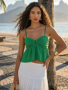 CAJUNI Women's Textured Metal Buckle Pleated Asymmetrical Ruffle Hem Cami Top Beach Green Summer Sexy Tropical Boho - Green - View 6