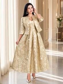 Auveirra Setelan 2 Potong Jaket dan Gaun Dalam Jacquard Elegan Musim Dingin Warna Emas Ukuran Plus untuk Wanita, Gaun Pesta Resepsi Acara Spesial, Liburan - Emas - View 1