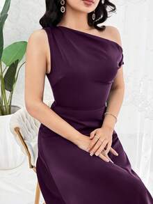 Feyla 女款純色單肩優雅收腰派對洋裝 - Bold Plum - 查看 3