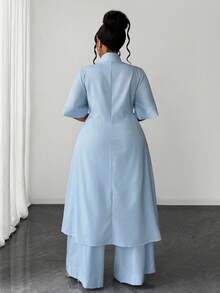 Maweii Conjunto de 2 piezas para mujer talla grande con rayas finas azul & blanco (camisa larga + pantalones de pierna ancha), estilo casual para ir al trabajo, cuello de solapa, fruncido con cordón, cierre elegante de botones de una sola - Azul y blanco - Ver 2