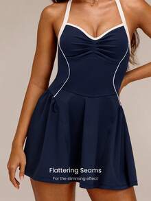 GLOWMODE FeatherFit™-Air RallyGlow UPF50+ Sweat-Wicking Ruched Bust Open Back A-Line Dress With Removable Cups & Shorts Tennis Golf Pickleball Daily Wear - Navy Blue - View 3