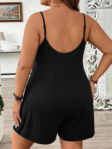 SHEIN LUNE Casual Vacation Black Fabric Plus Size Women's Spaghetti Strap Jumpsuit With Pockets, Suitable For Summer, Dating, Vacation, Party - Black - View 2